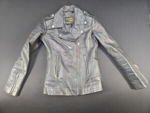 Leather Farm Womens XS Genuine Leather Moto Biker Jacket Black Asym Zip Quilted